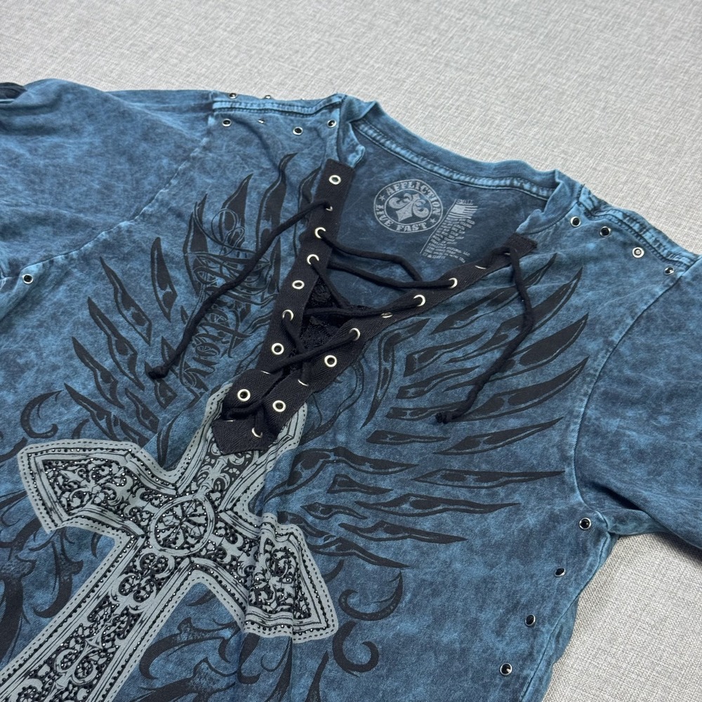 Affliction Shirt Womens Small Blue Lace-Up Eyelet Studded Graphic Cross Cotton
